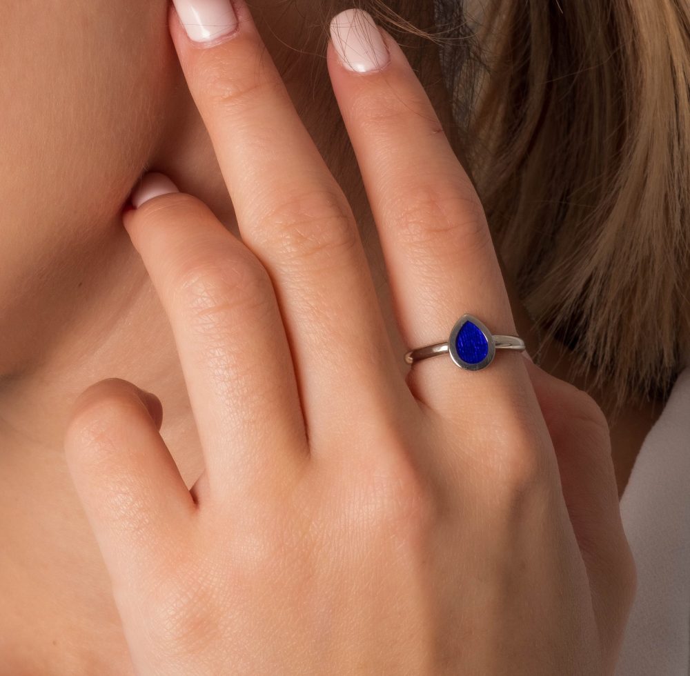 Sterling Silver Drop Ring with Blue enamel - Image 2