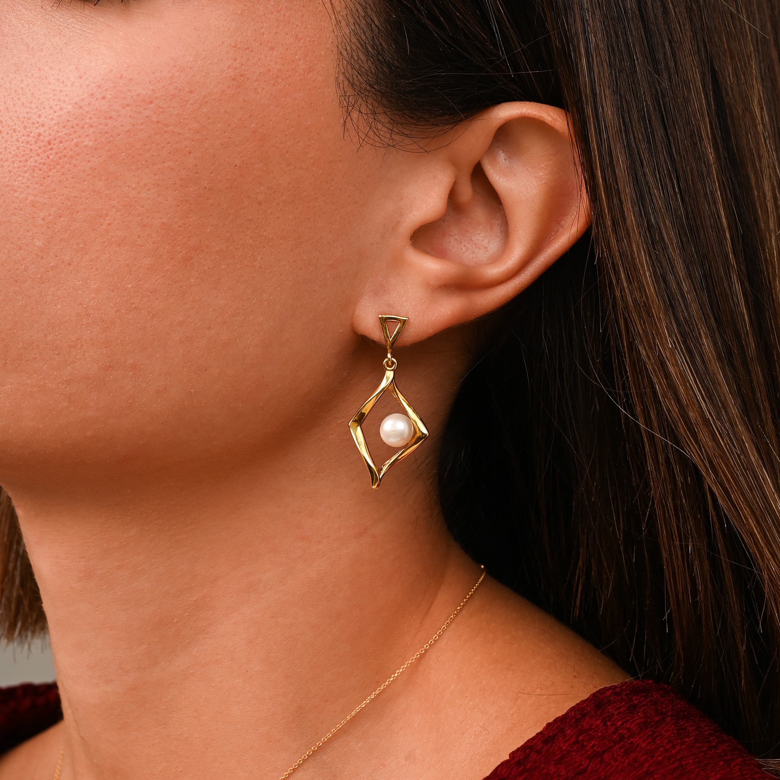 Ασημένια σκουλαρίκια ρόμβος με μαργαριτάρια - Image 2