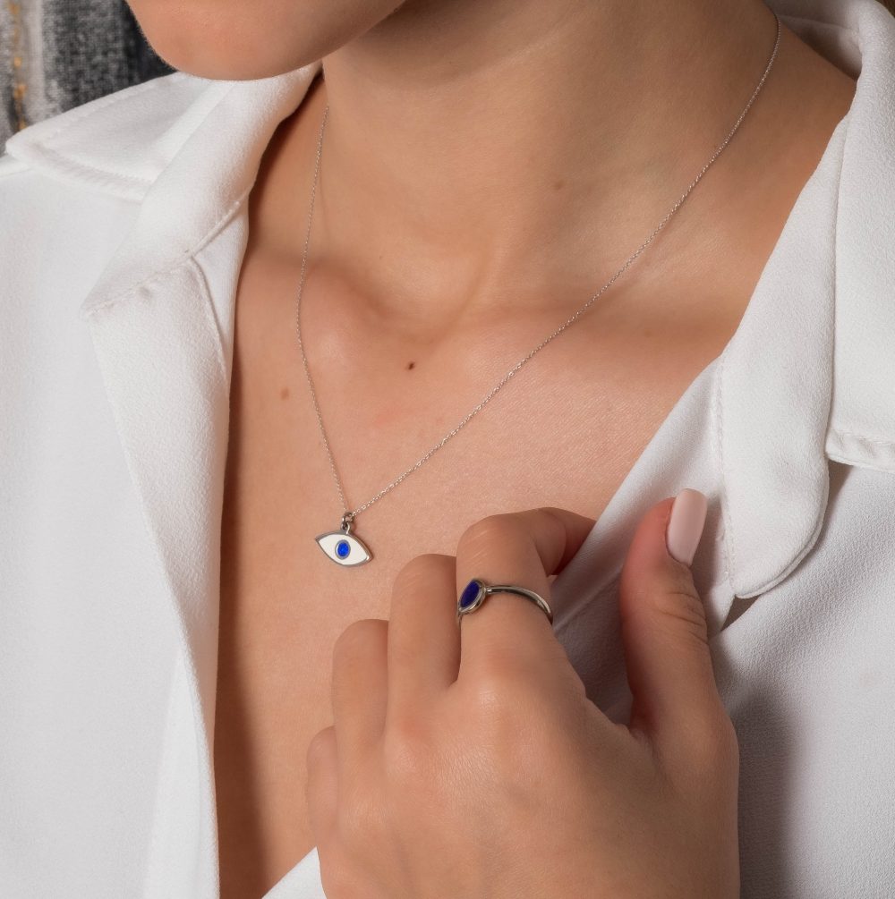 Sterling Silver Eye Necklace with enamel white and blue - Image 4