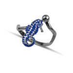 Black plated seahorse ring with blue enamel