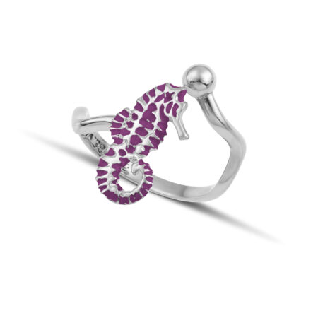 Sterling silver seahorse ring with purple enamel