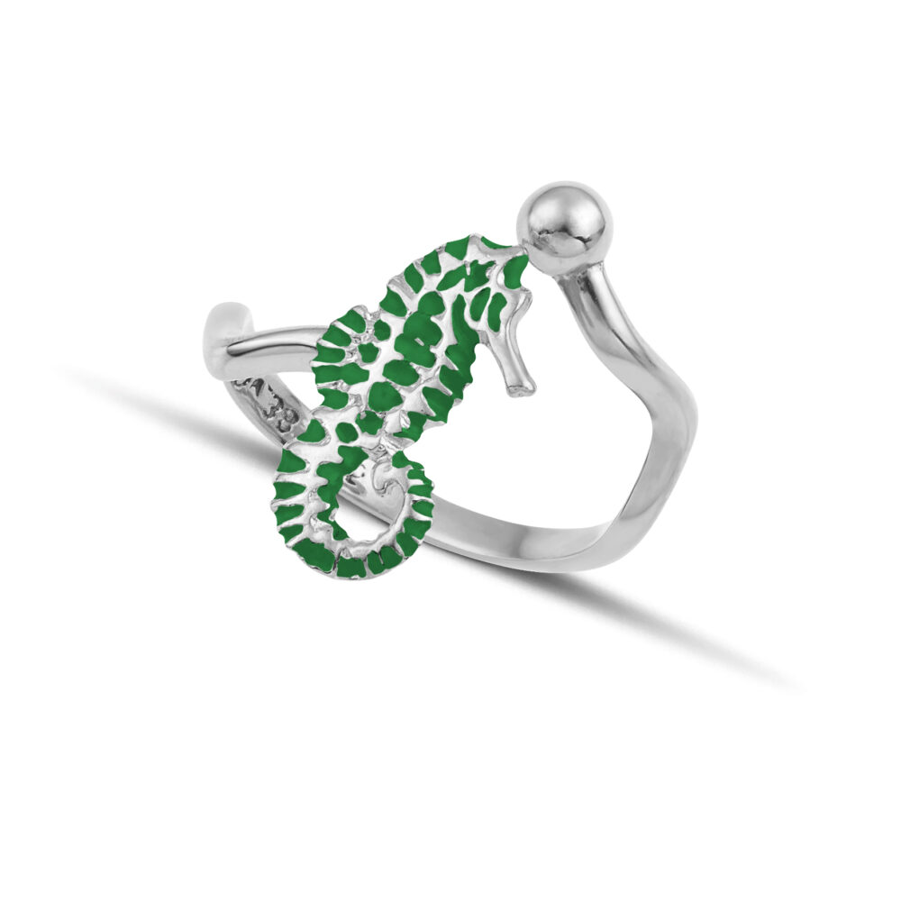 Sterling silver Seahorse ring with green enamel - Image 3