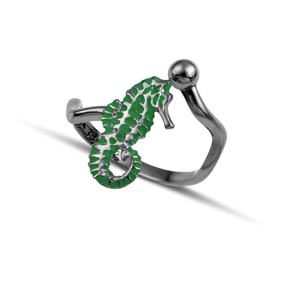 Sterling silver Seahorse ring with green enamel - Image 2
