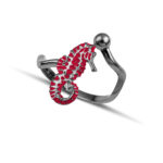 Black plated seahorse ring with red enamel
