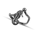 Black plated seahorse ring with black enamel