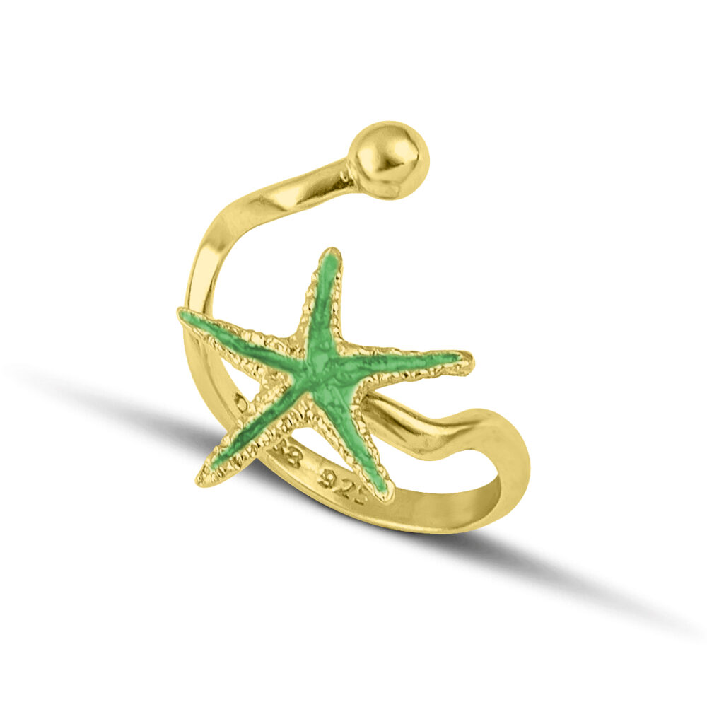 Sterling silver Starfish ring green enamel