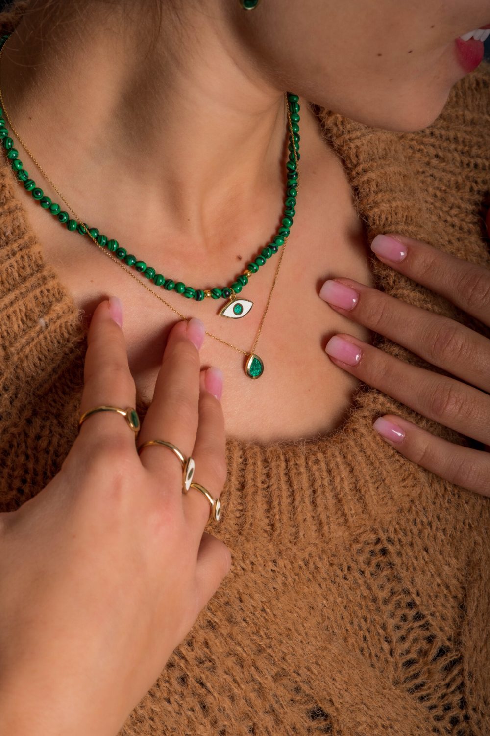 Sterling silver Drop Necklace with Green enamel
