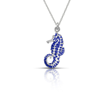 sterling silver seahorse necklace with blue enamel