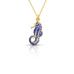 gold plated seahorse necklace with blue enamel