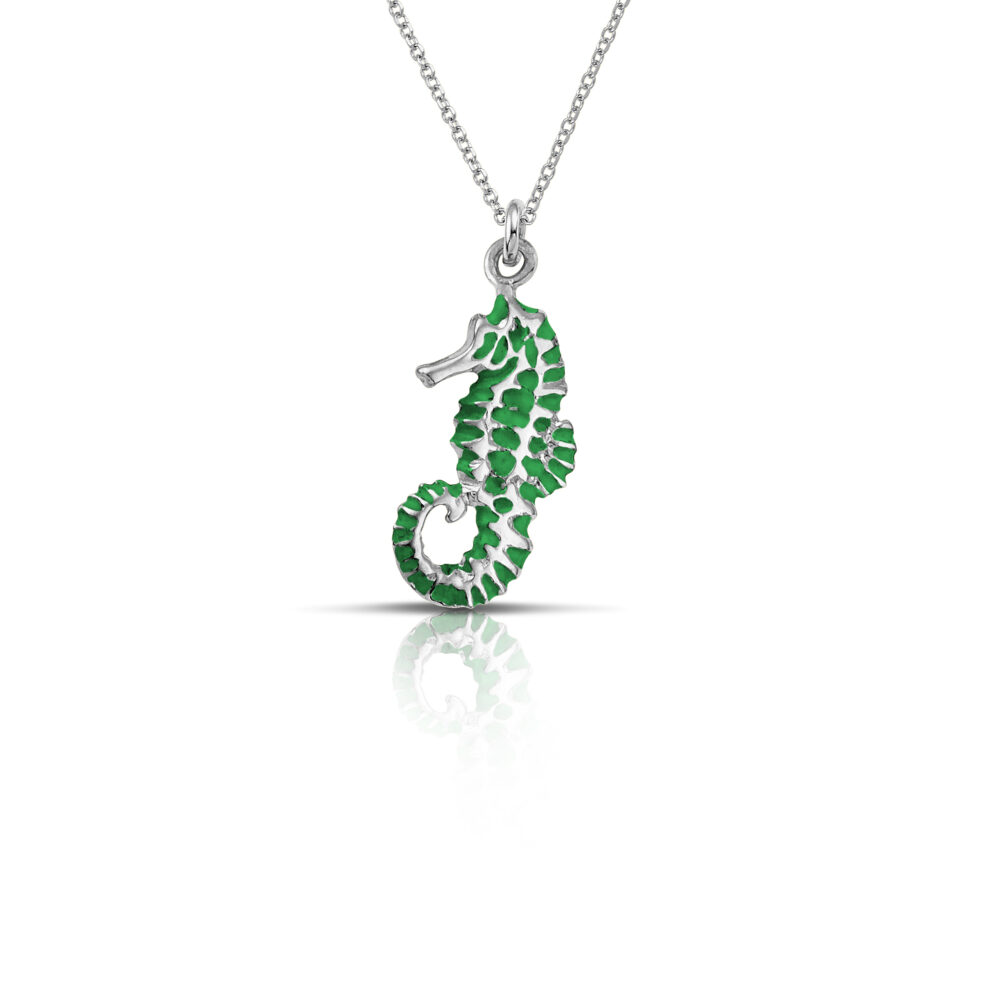 sterling silver seahorse necklace with green  enamel