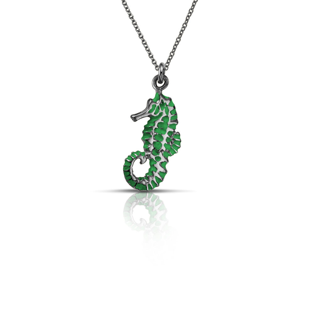 black plated necklace seahorse with green enamel