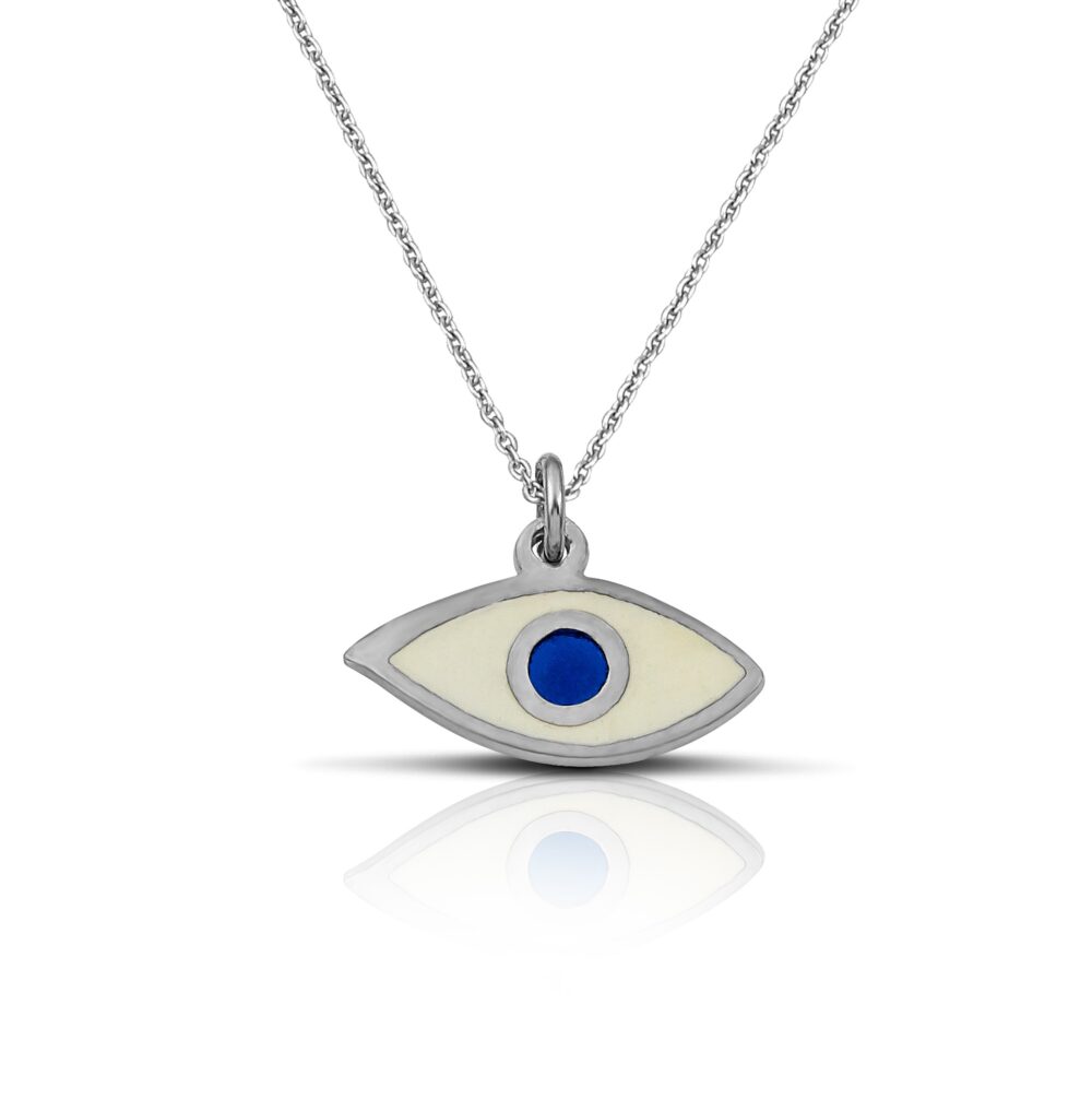 Sterling Silver Eye Necklace with enamel white and blue