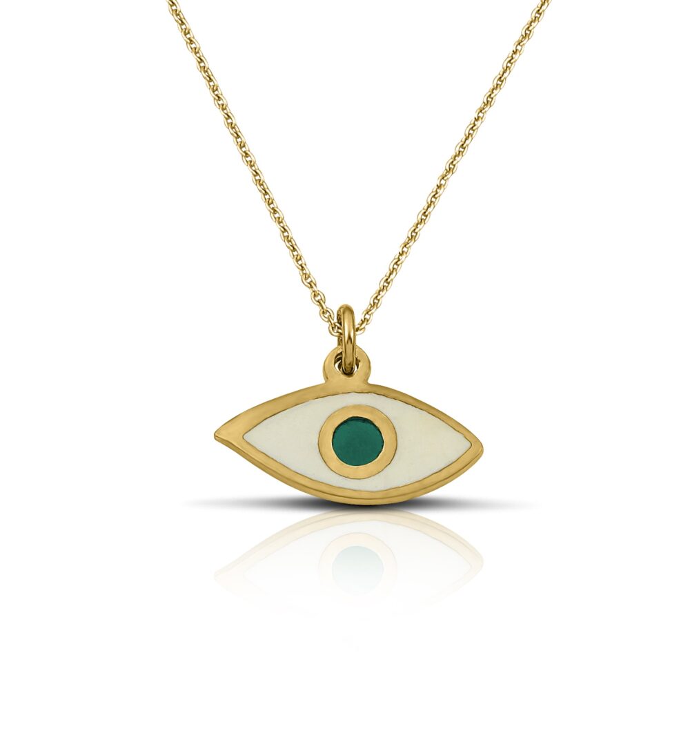Sterling Silver Eye Necklace with enamel white and green