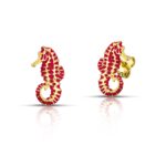Gold plated seahorse earrings with red enamel