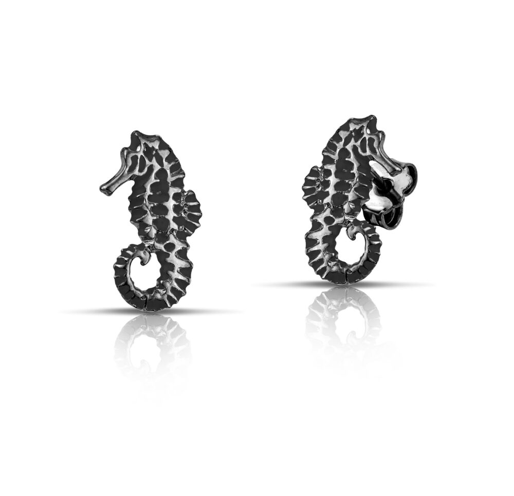 Sterling silver Seahorse earrings with black enamel - Image 3