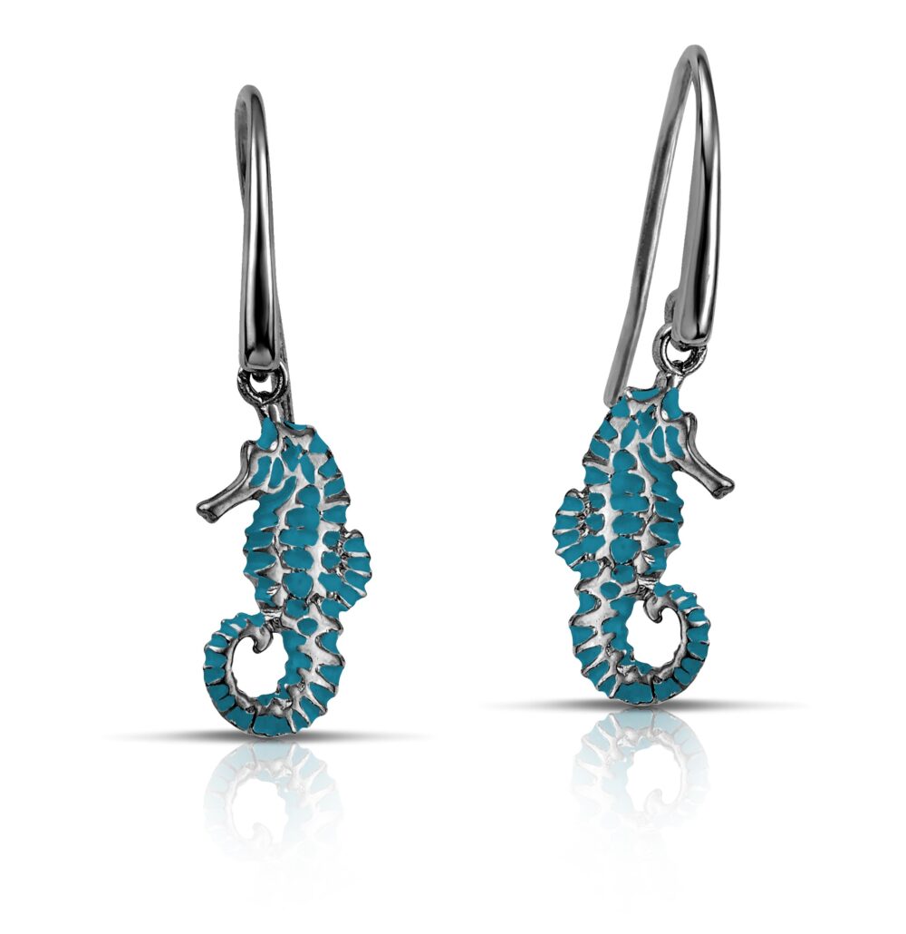 Sterling silver Seahorse earrings with turquoise enamel - Image 2