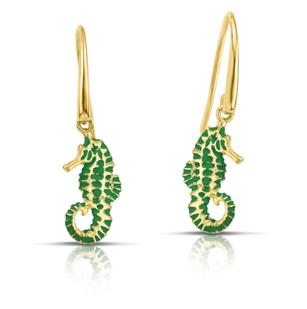 Sterling silver Seahorse earrings with green enamel