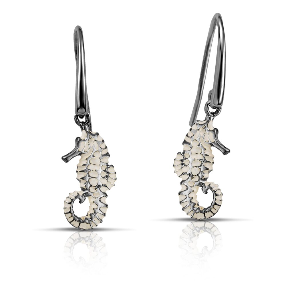 Sterling silver Seahorse earrings with white enamel - Image 2