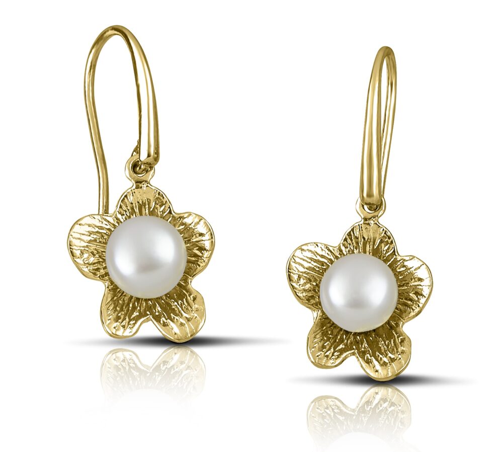 Silver flower pendant earrings with pearl - Image 3
