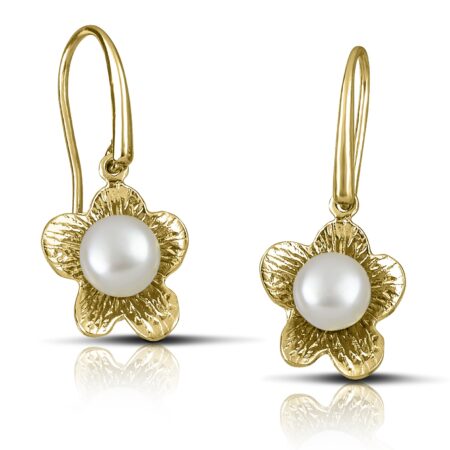 Silver flower pendant earrings with pearl - Gold-plated