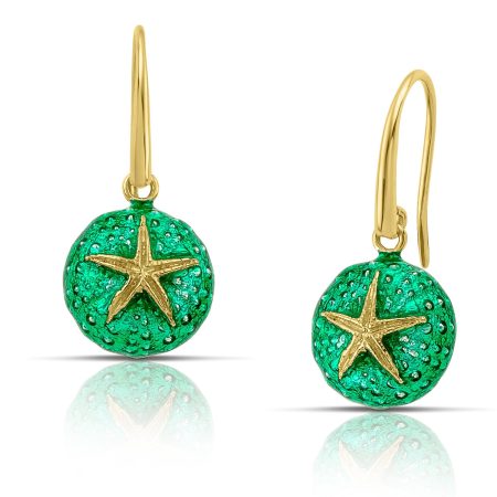 Sterling silver Sea Urchin earrings, gold plated with enamel - Green