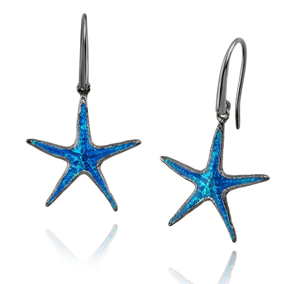 Sterling silver starfish earrings, with black plating & enamel - Image 5