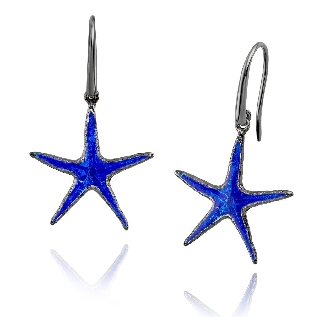 Sterling silver starfish earrings, with black plating & enamel - Image 4