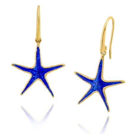 Silver starfish earrings, gold plated with enamel