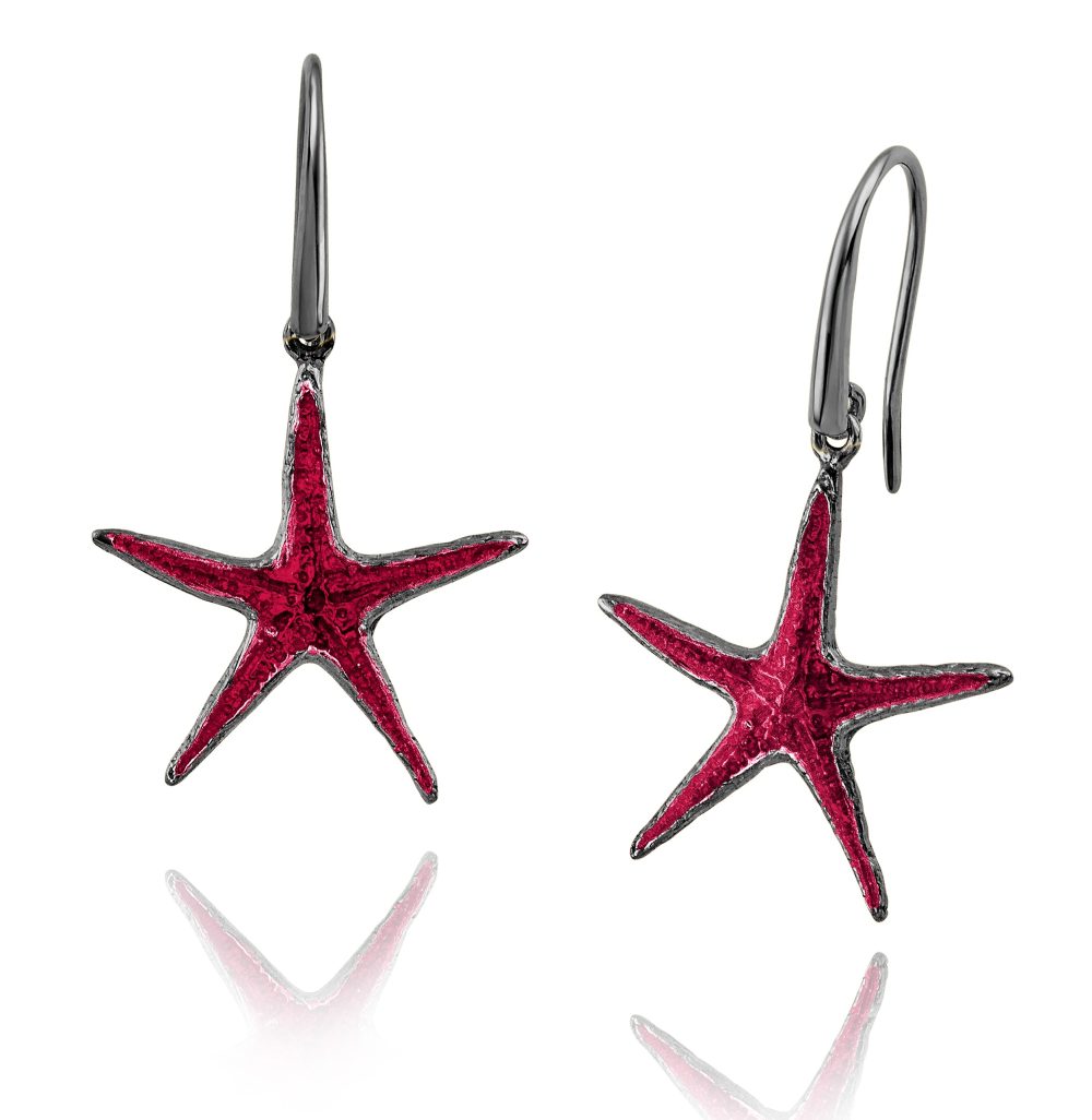 Sterling silver starfish earrings, with black plating & enamel