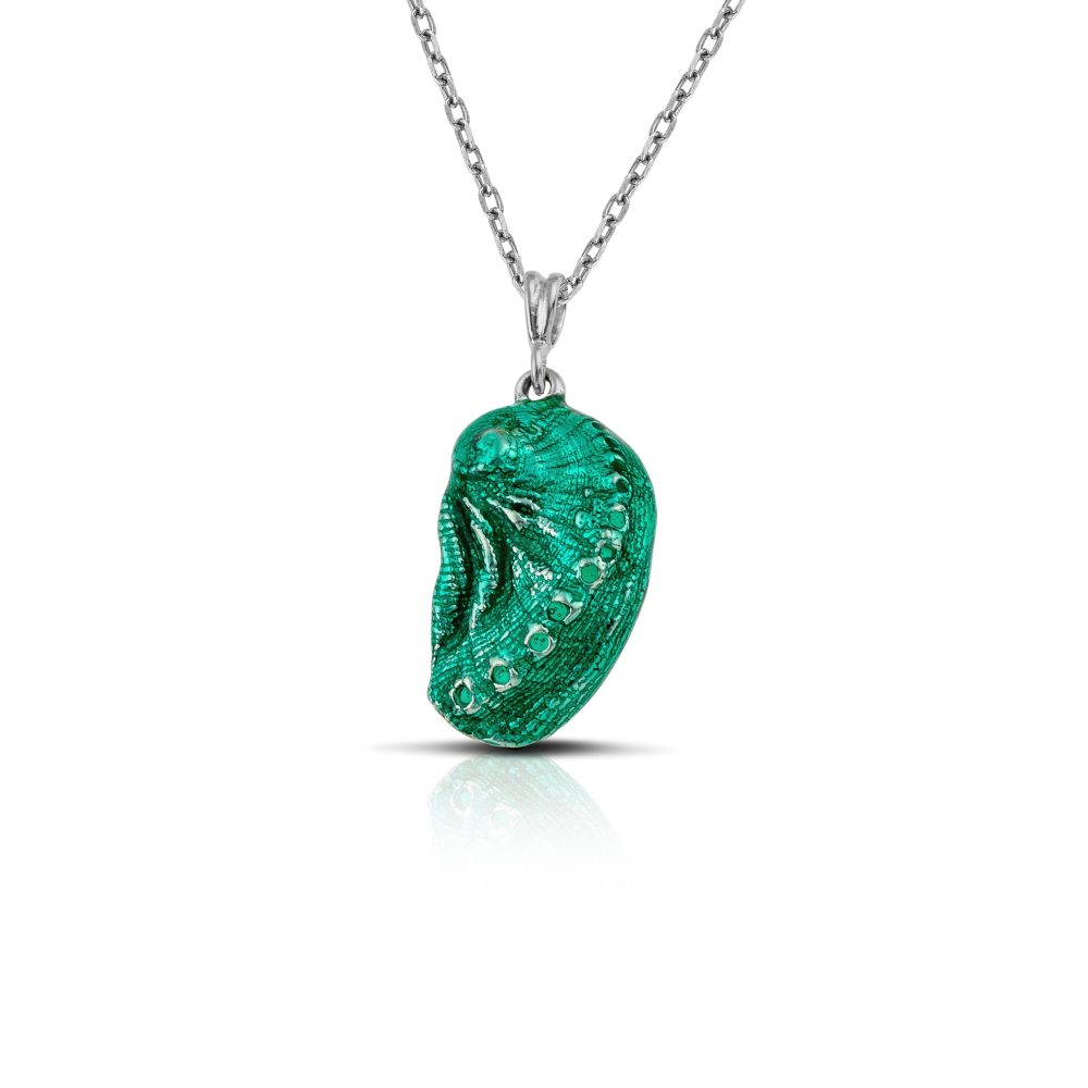 aphrodite's ear sterling silver sea shell necklace with green enamel