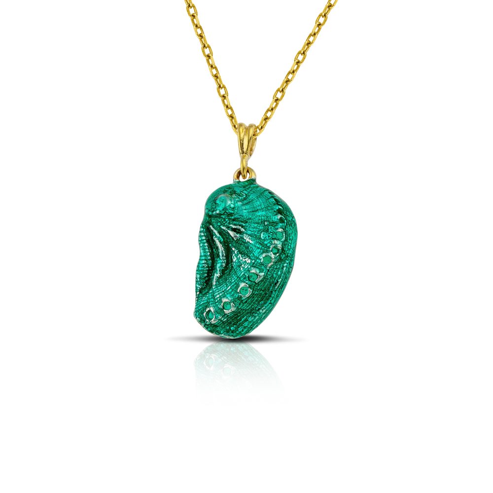 Sterling silver Aphrodite's ear necklace, gold plated with green enamel