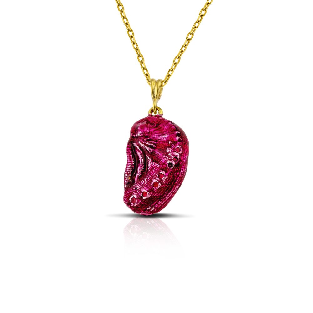 Sterling silver Aphrodite's ear necklace, gold plated with red enamel