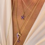 girl wearing sterling silver starfish necklace with purple enamel