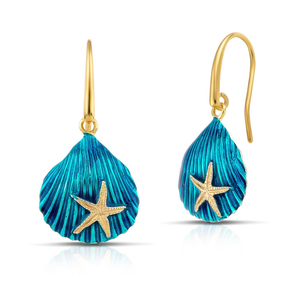 Clamshell earrings gold plated with turquoise enamel