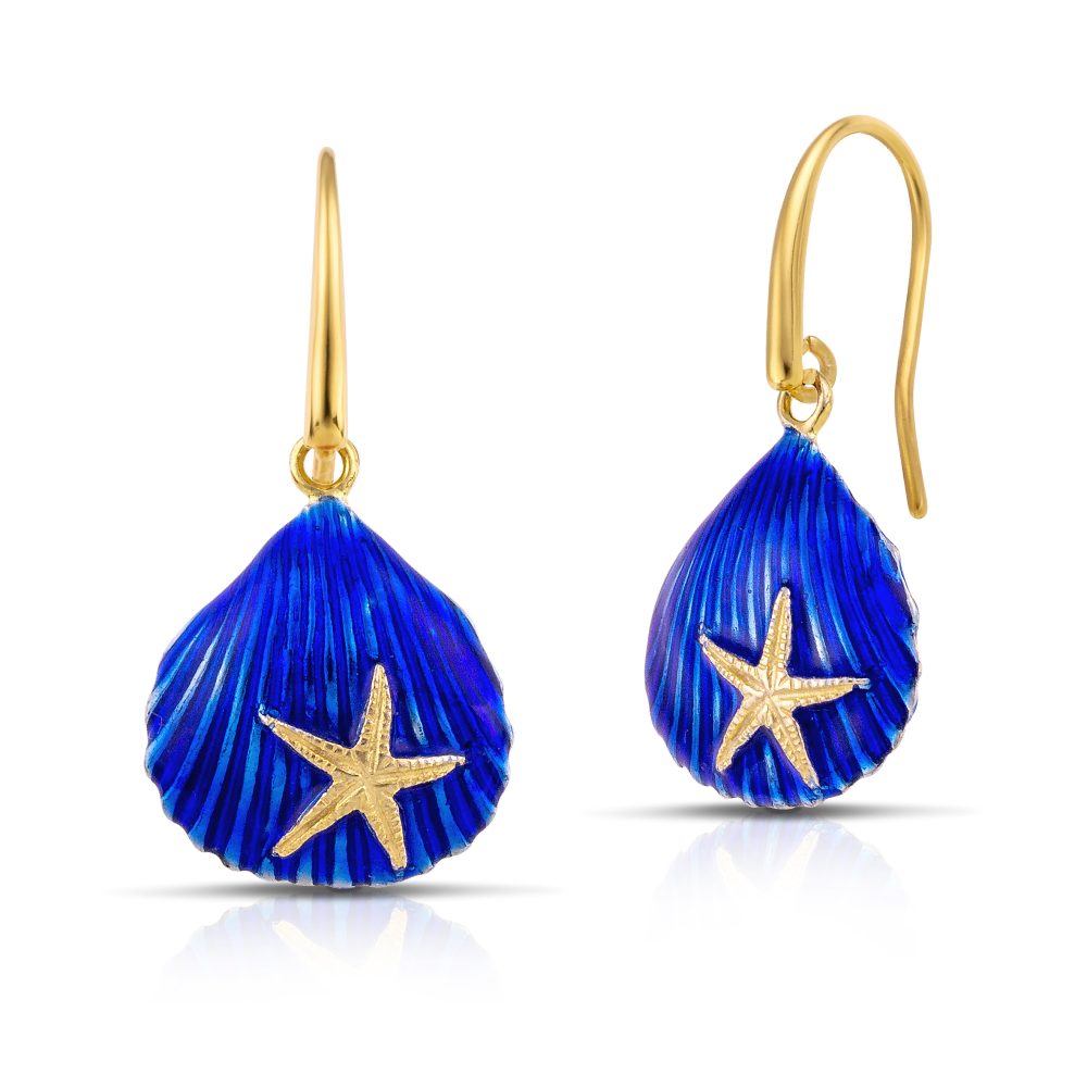 Clamshell earrings gold plated with blue enamel