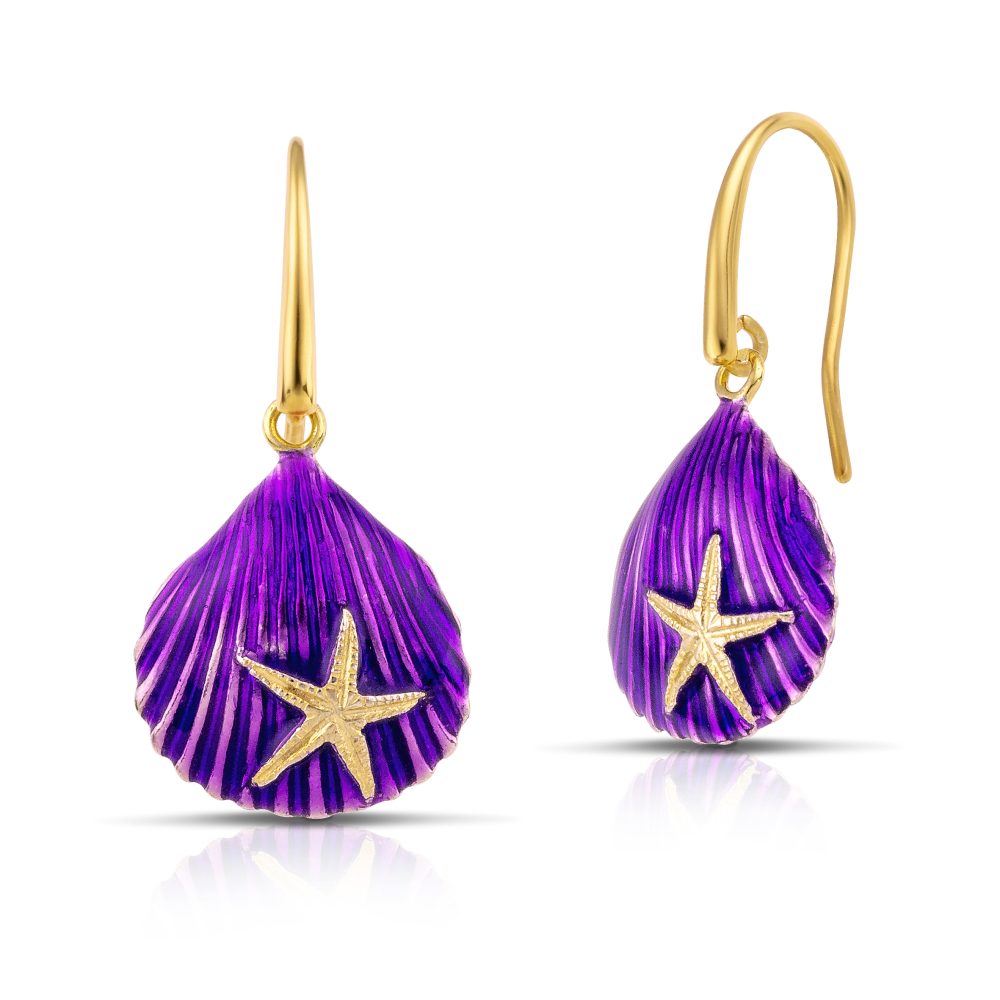 Clamshell earrings gold plated with purple enamel