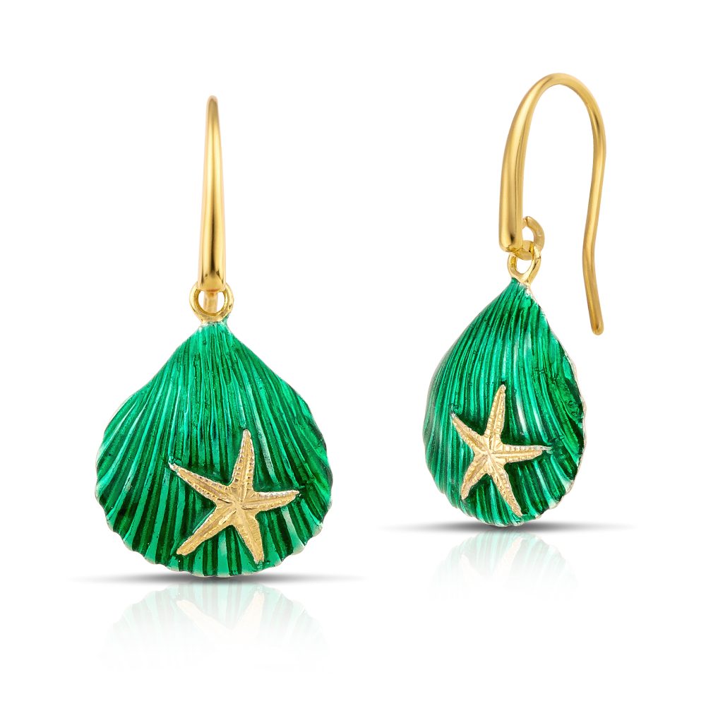 Clamshell earrings gold plated with green enamel