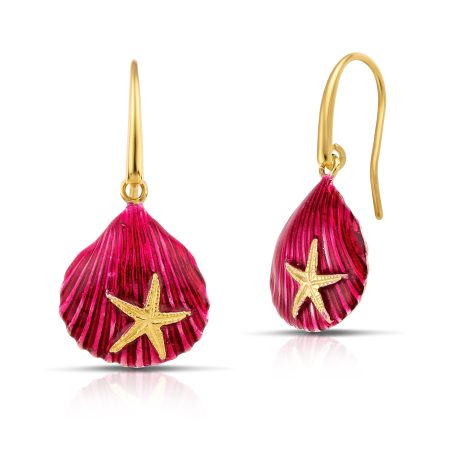 Clamshell earrings gold plated with red enamel