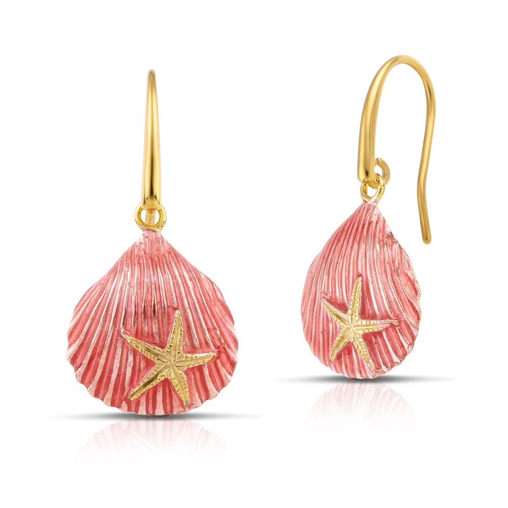 Clamshell earrings gold plated with pink enamel