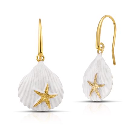 Clamshell earrings gold plated with white enamel